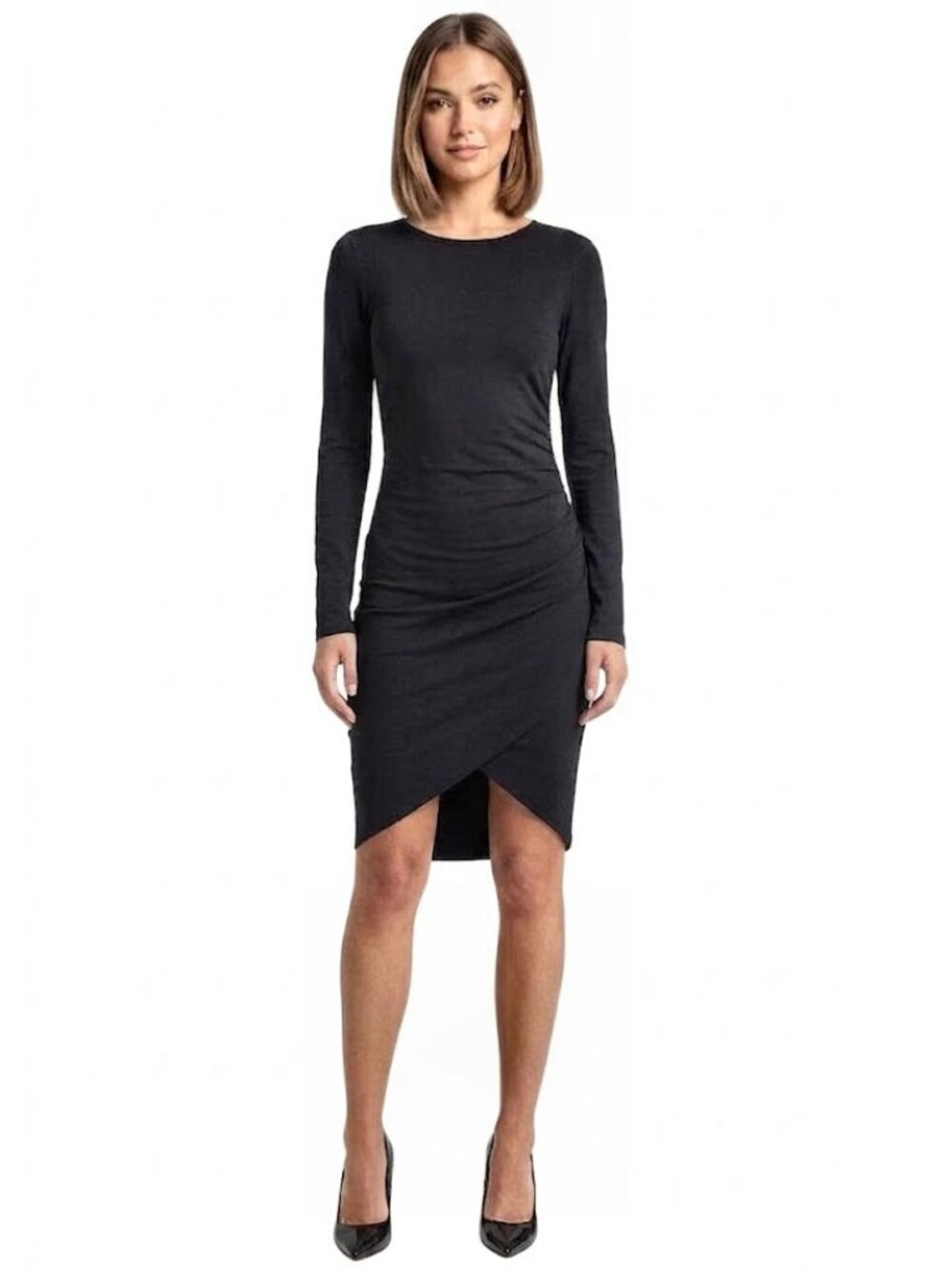 Leith Long Sleeve Ruched Asymmetrical Dress, Black, Womens Size Small